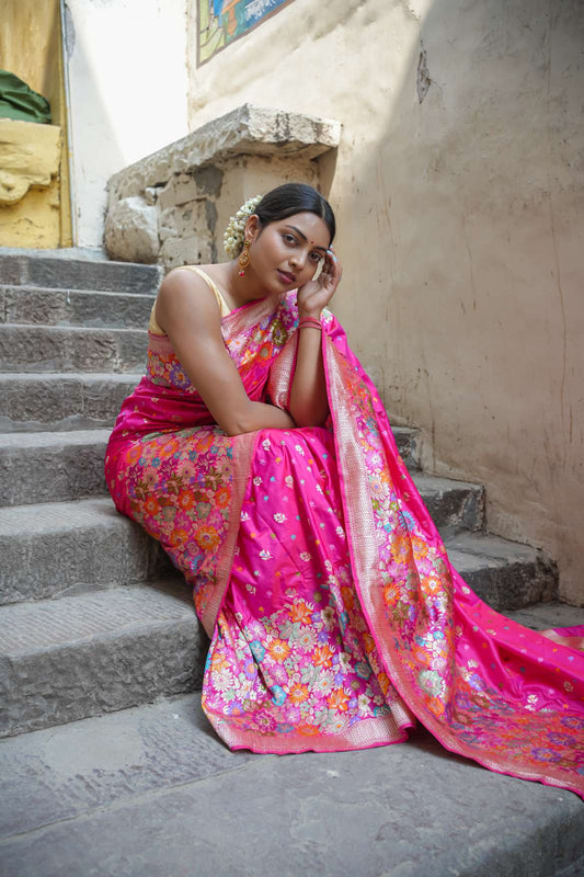 Bright Pink Banarasi Katan Silk Handloom Saree