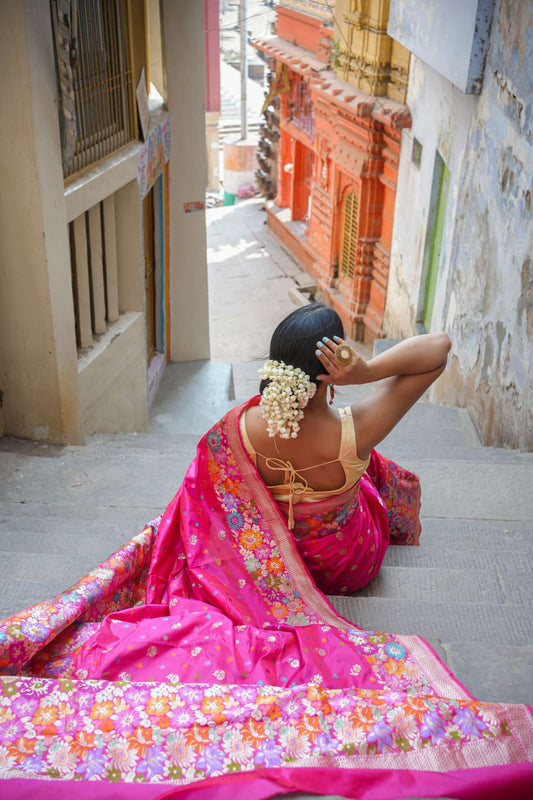 Bright Pink Banarasi Katan Silk Handloom Saree