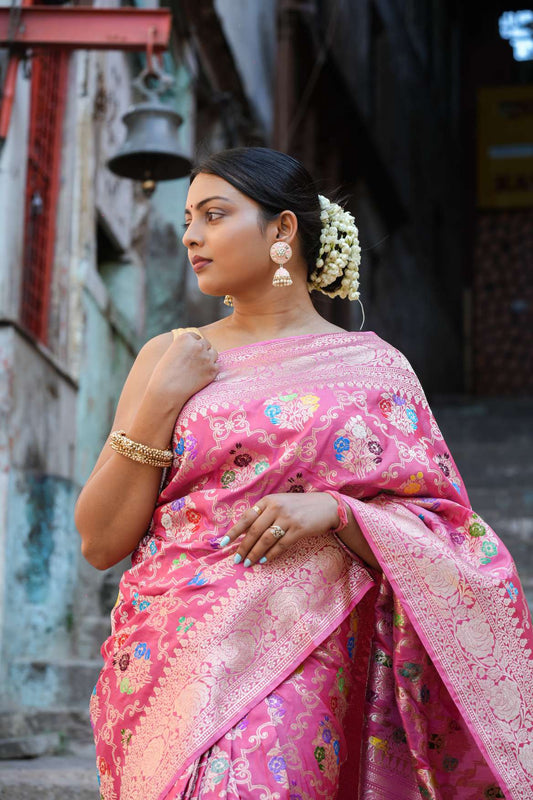 Baby Pink Katan Banarasi Silk Kaduwa Handloom Saree