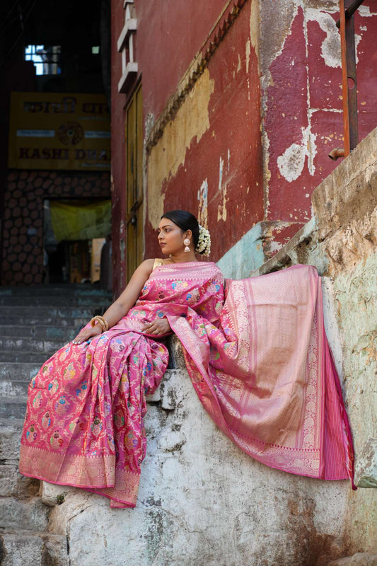 Baby Pink Katan Banarasi Silk Kaduwa Handloom Saree