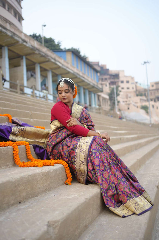 Purple Banarasi Katan Silk Meena Handloom Saree