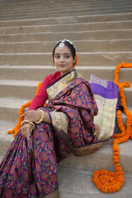 Purple Banarasi Katan Silk Meena Handloom Saree