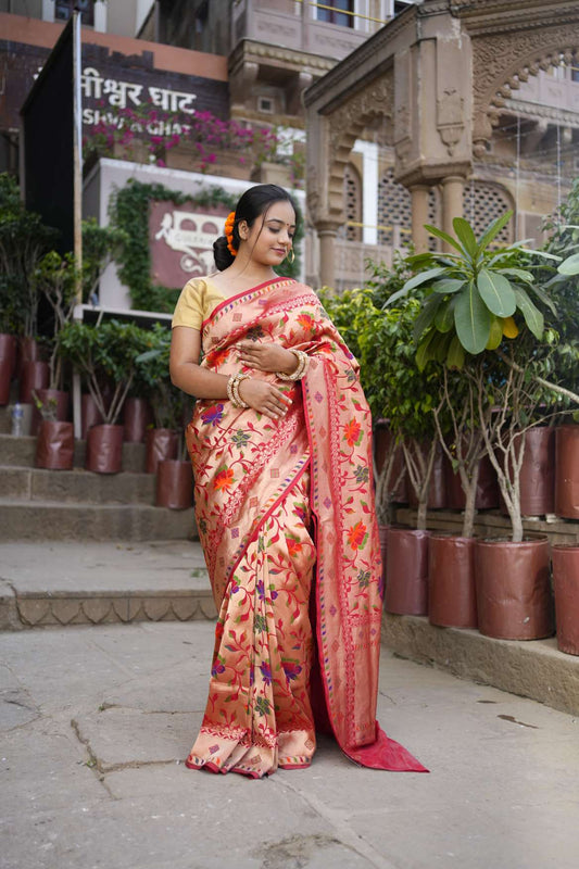 Red Gloden Zari Banarasi Katan Silk Handloom Saree