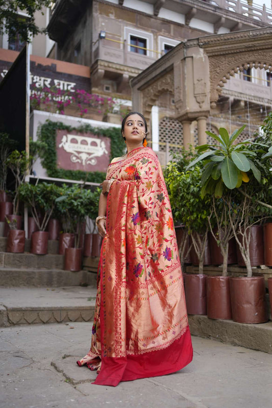 Red Gloden Zari Banarasi Katan Silk Handloom Saree