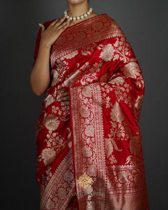 Red katan silk Banarasi saree with sona rupa artistic booti – Weaver Street